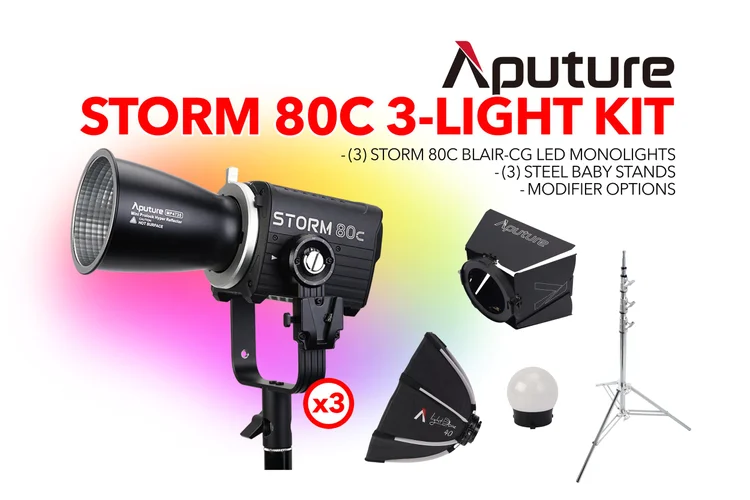 Aputure STORM 80c 3-Light BLAIR LED Kit with stands and modifier options!